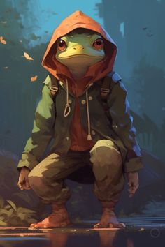 a frog in a hoodie crouching on the ground with its head turned to the side