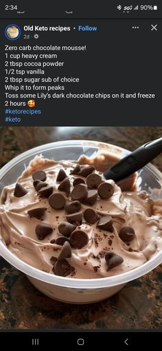 an ice cream sundae with chocolate chips on top is shown in the instagram