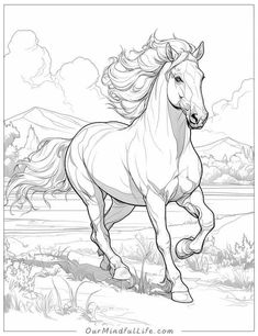 a horse running in the field with mountains in the background coloring page for adults and children