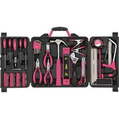 a tool box filled with lots of pink and black tools on top of a white background