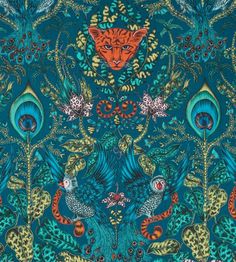 a blue and green wallpaper with an orange cat on it's face, surrounded by peacocks