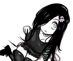 a drawing of a girl with black hair and green eyes holding a cell phone up to her ear