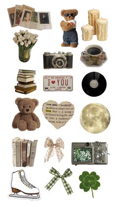 there are many items that can be found in this collage, including books, pictures, and teddy bears