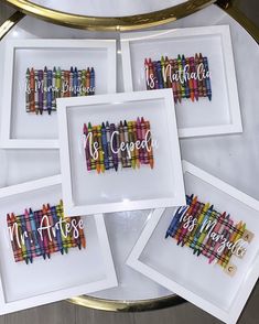 four framed crayons with the words mr and mrs written on them in different colors