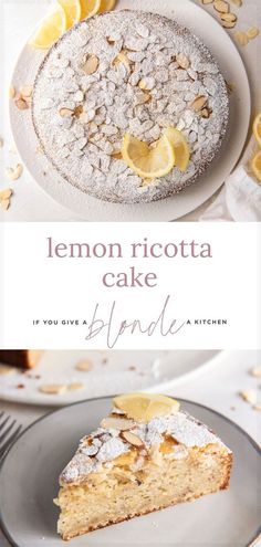 lemon ricotta cake with almonds and powdered sugar on top, served on a plate