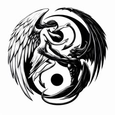 a black and white drawing of an angel hugging a demon on the yin yang symbol