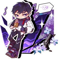 an anime character with black hair holding a drink