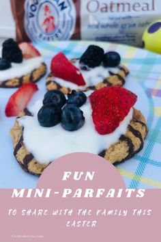 mini - parfaits with yogurt and strawberries are on a plate