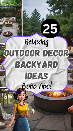 a woman standing in front of an outdoor fireplace with text overlay reading 25 relaxing outdoor decor backyard ideas boho vive