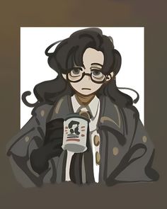 a man with glasses and a coat holding a cup