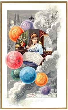 a woman sitting on top of a book surrounded by different colored balls in the air