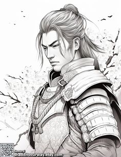 a drawing of a man with long hair wearing armor