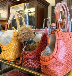 three purses on display with a teddy bear in the middle one has a bow tie