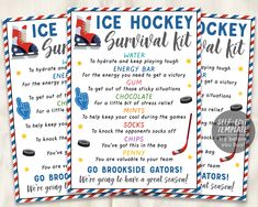 two ice hockey survival kit kits with instructions for the kids to play and go outside