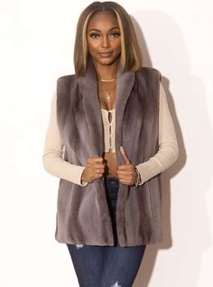 Let your strong sense of self, of style, speak for itself in this striking sheared mink vest with a dramatic shawl collar. This fabulous vest will dress up your entire wardrobe! Wear it over sweaters and shirts with slacks or jeans, or throw it over your basic black party dress or paired with a long skirt for a look that will be head turning yet always in good taste! *This style is sometimes custom-made, please allow approximately 2-6 weeks for delivery. For questions or rush orders, please use Mink Vest, Chinchilla Fur, Black Party Dress, Fur Blanket, Black Party Dresses, Black Party, Mink Fur, Fur Vest, Fox Fur