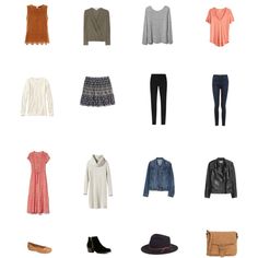 an assortment of clothes and accessories arranged on a white background, including sweaters, jackets, pants, shoes, hats, and handbags