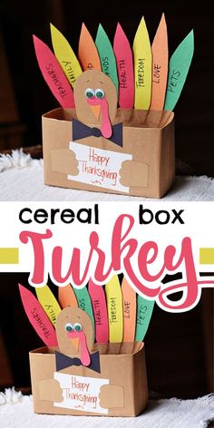 two cardboard boxes with turkeys in them and the words cereal box turkey on top