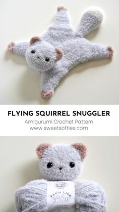 the stuffed animal is made from yarn and has a tag that says flying squirrel snuggler