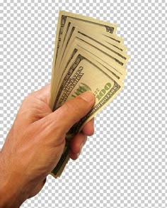 a person's hand holding money in their left hand, on a transparent background