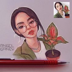 a drawing of a girl with glasses and a flower in her hand, next to a pencil