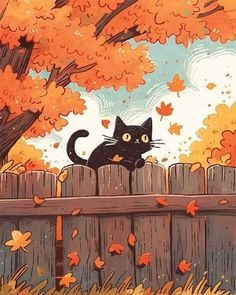 a black cat sitting on top of a wooden fence in front of autumn trees and leaves