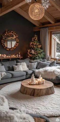 a living room filled with lots of furniture and christmas tree in the corner, surrounded by lights