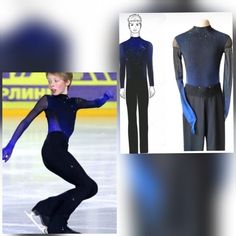 the figure skater is wearing black and blue