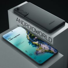 an advertisement for the new samsung foldable phone is displayed on a display stand in front of a black background