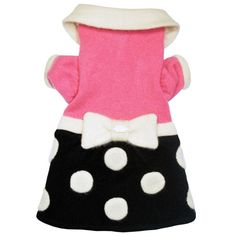 a black and white polka dot dog dress with a pink bow on the collar, in front of a white background