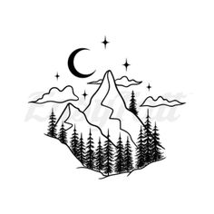 mountains with trees and stars in the night sky, hand drawn illustration on white paper