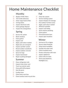 the home maintenance checklist is shown in pink and white with text that reads, home maintenance checklist