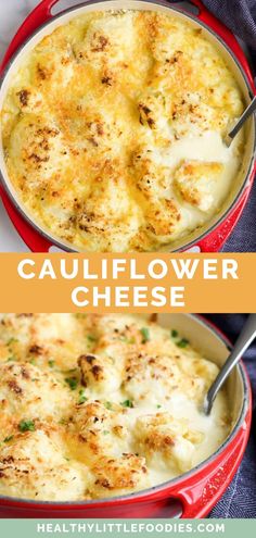 cauliflower cheese casserole in a red dish with the title above it