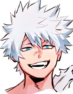 an anime character with white hair and blue eyes smiles at the camera while he has his hand on his shoulder