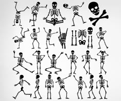 a bunch of skeleton dancing in different poses with their arms and legs spread out to the side