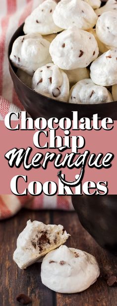 chocolate chip meringue cookies in a black bowl on a wooden table with text overlay