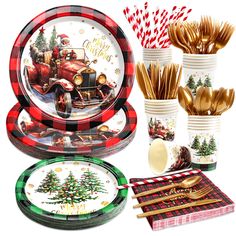 christmas themed plates and napkins are arranged in front of cups with gold foilware