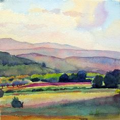 watercolor painting of hills and trees in the distance