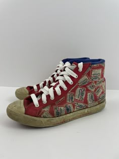 Vintage Bud Budweiser 70s/80s all over print Converse high top sneakers non wearable shoes size 6.5 for display only. Item Condition: **Poor unwearable condition. Shoes are fragile and the heels would crumble/shoe would fall apart if worn, see photos.** Item comes from a smoke and pet free environment. Buy with Confidence! Professional eBay seller, with fast shipping typically one day - two day max! Please consider pictures as part of the description and ask any questions prior to purchasing. Retro Mid-top Sneakers, Retro Lace-up High-top Sneakers, Vintage High-top Sneakers With Vulcanized Sole, Wierd Shoes For Men, Retro Canvas High-top Sneakers With Round Toe, Retro Canvas Sneakers With Round Toe, Retro Canvas High-top Sneakers, Vintage High-top Custom Sneakers For Streetwear, Vintage High-top Skate Shoes