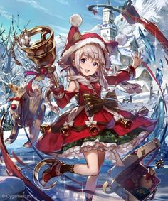 an anime character dressed as santa claus and holding a christmas ornament in her hand