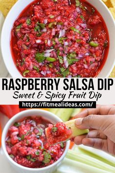 sweet and spicy raspberry salsa dip is served with salad platter. Raspberry Salsa Recipe, Homemade Fruit Dip, Raspberry Salsa, Raspberry Dip, Spicy Fruit