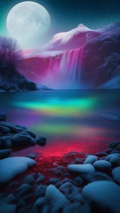 the moon is shining brightly in the night sky over a mountain lake with snow on it