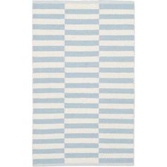 a blue and white rug with horizontal stripes on it, in the shape of squares