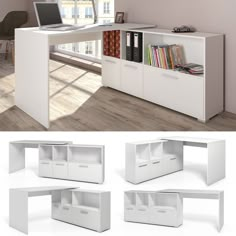 the desk is white and has bookshelves on each side, along with a laptop