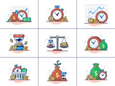 various time and money icons in flat line art style on white background with blue border