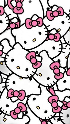 a bunch of hello kitty wallpapers with pink and white bows on the heads