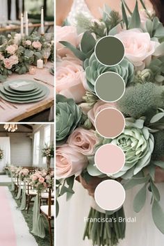 a collage of photos with flowers and greenery on the table for a wedding