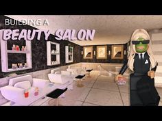 a woman standing in front of a salon with lots of chairs and counter top space