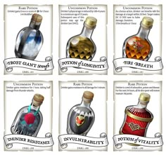 six different types of bottles are shown in this graphic art printable version, each with their own unique label