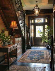 the hallway is decorated with antique rugs and lamps