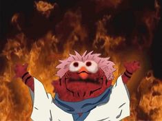 a cartoon character is standing in front of a large fire with his hands up and eyes wide open